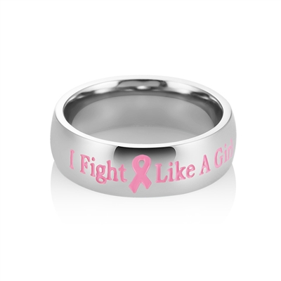 "I Fight Like a Girl" Stainless Steel Pink Ribbon Ring ~