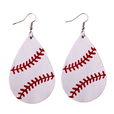 Leather Teardrop Baseball Earrings ~