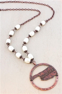 Worn Coppertone Encircled Oklahoma Pendant Pearl Bead Necklace ~